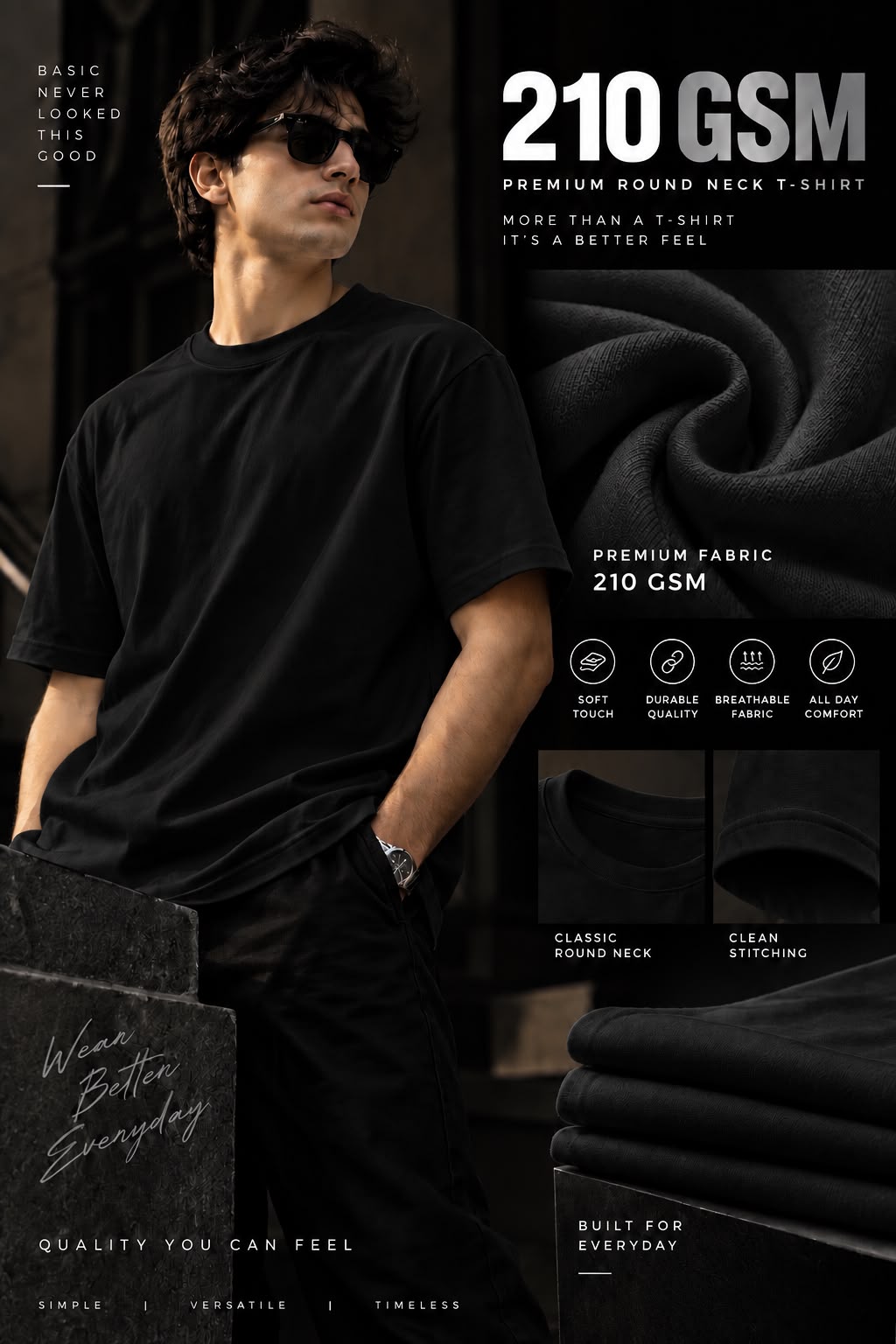 Maxgrapesy 210 GSM Premium Regular Fit Round Neck T-Shirt – 100% Cotton | 4 Colours