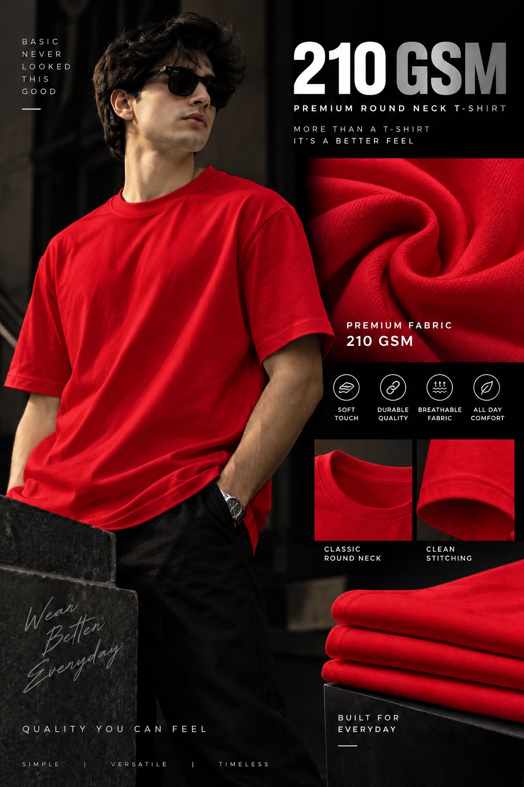 Maxgrapesy 210 GSM Premium Regular Fit Round Neck T-Shirt – 100% Cotton | 4 Colours