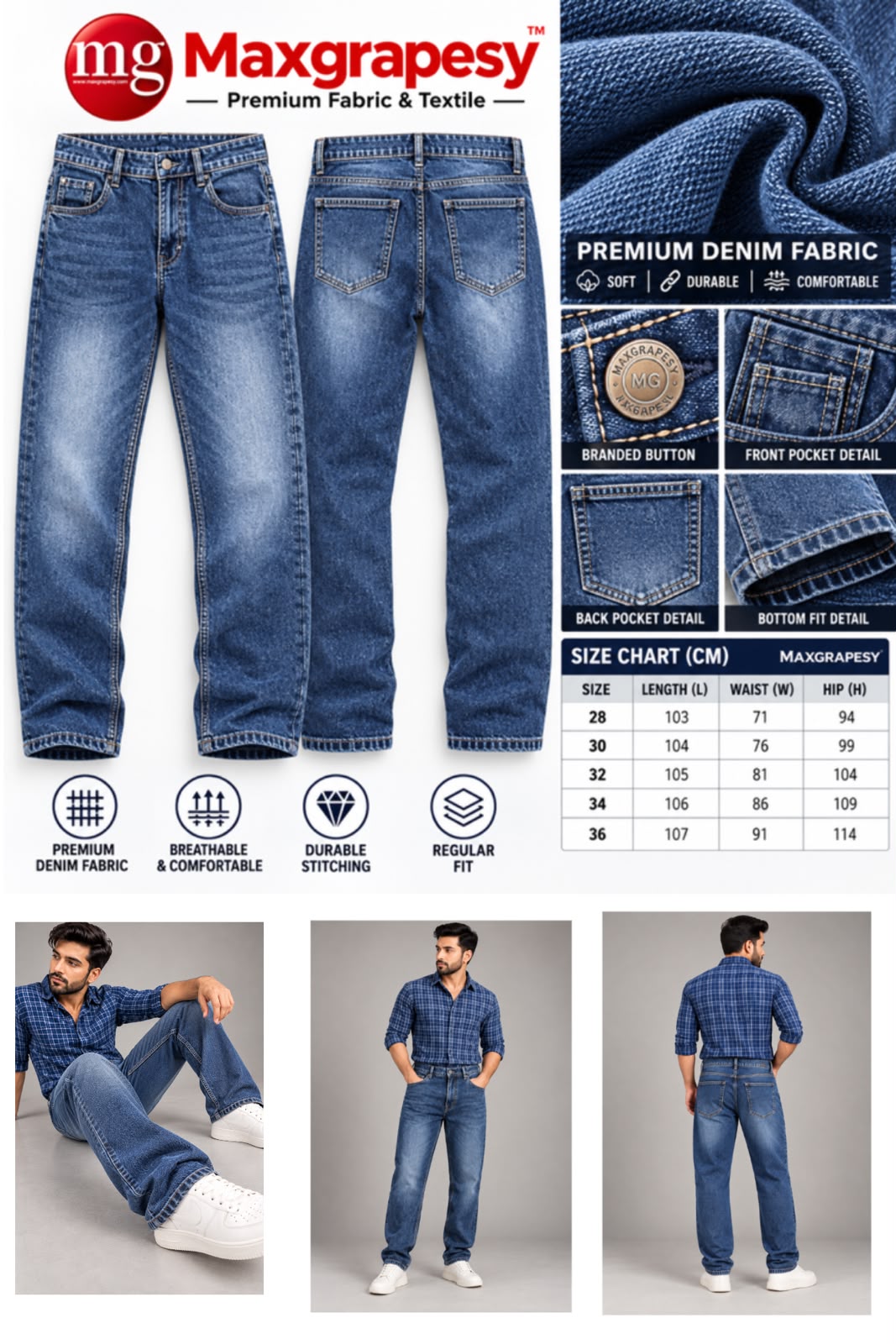 Maxgrapesy Men’s Blue Stone Wash Regular Fit Denim Jeans