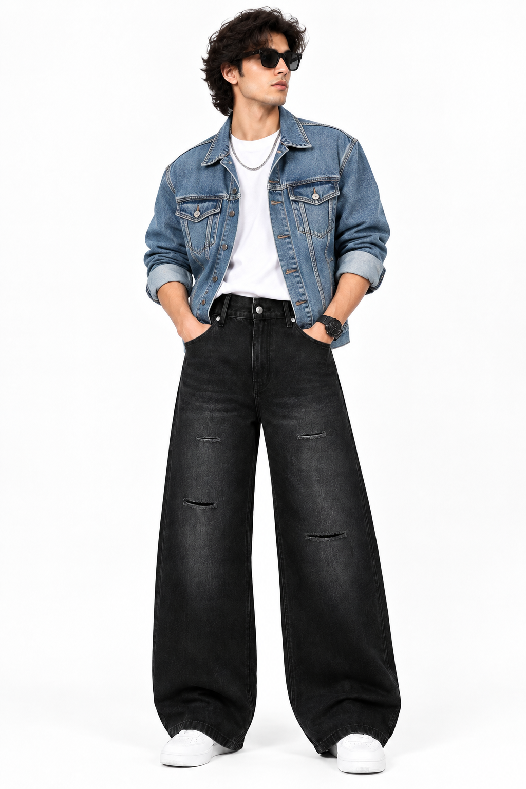Maxgrapesy Men’s Black Washed Distressed Wide-Leg Baggy Fit Jeans