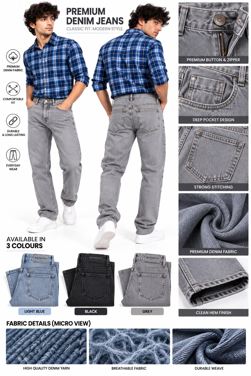 Maxgrapesy Premium Straight Fit Denim Jeans is designed for men
