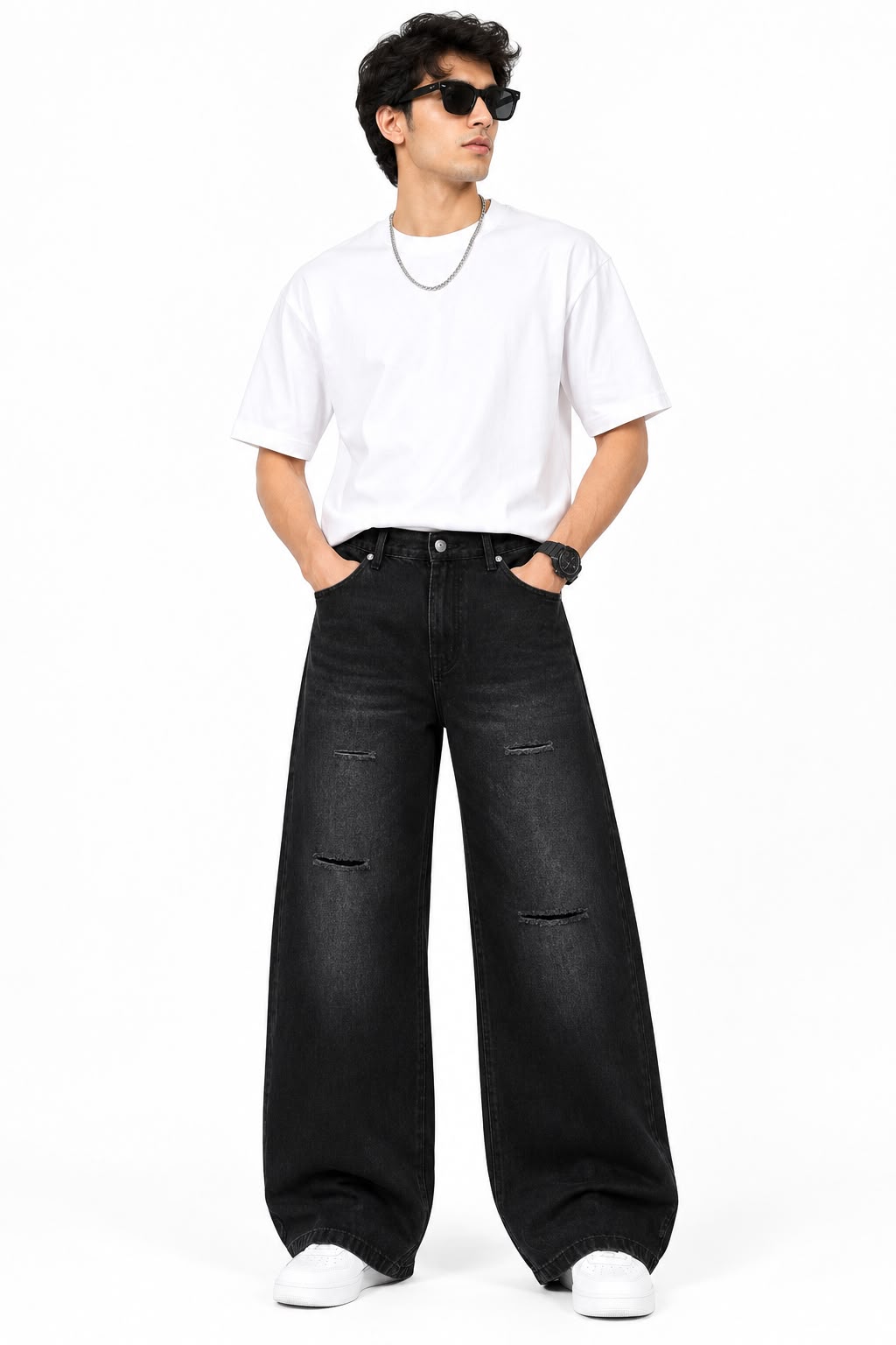 Maxgrapesy Men’s Black Washed Distressed Wide-Leg Baggy Fit Jeans