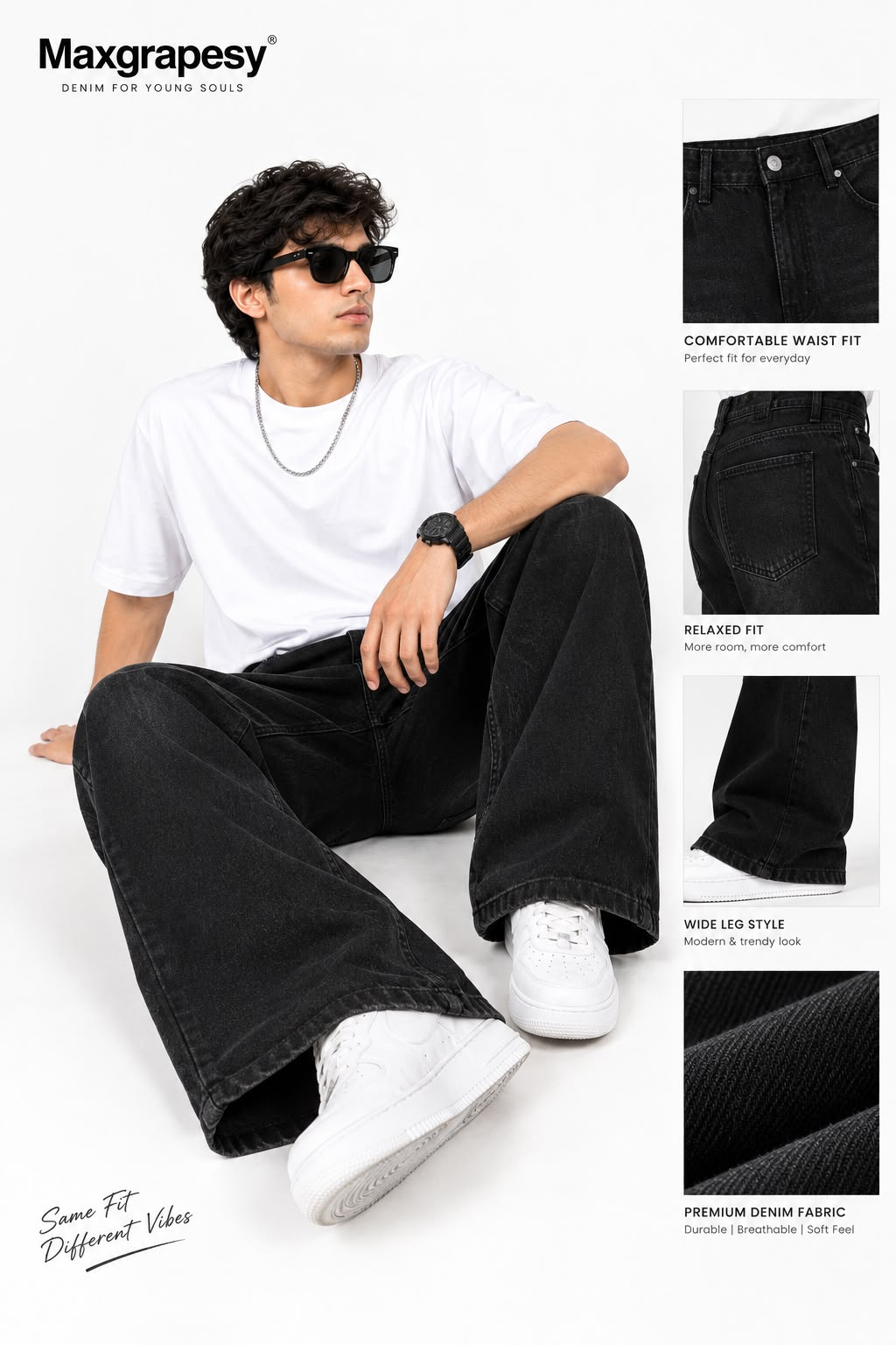 Maxgrapesy Men’s Black Washed Distressed Wide-Leg Baggy Fit Jeans