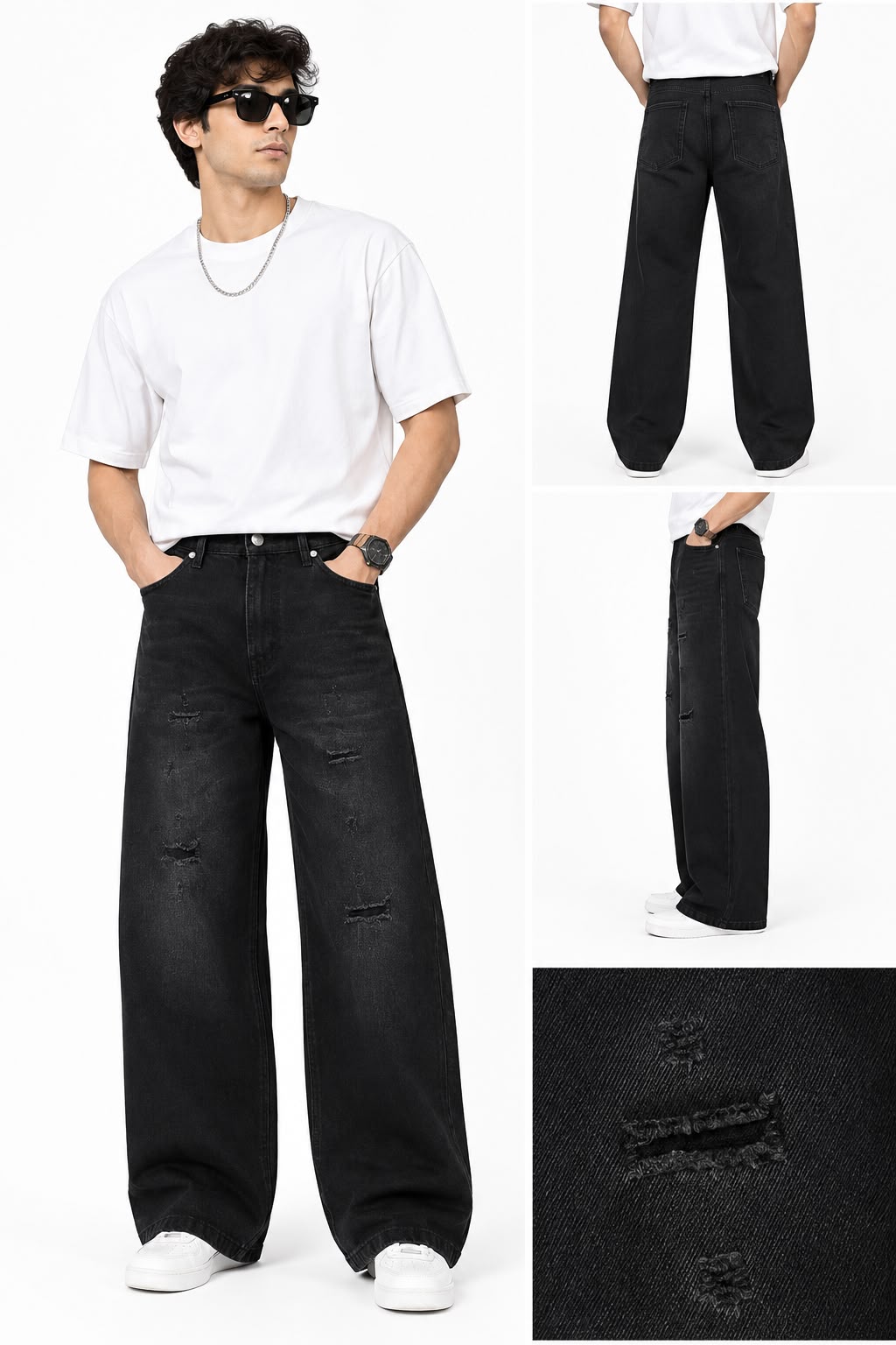 Maxgrapesy Men’s Black Washed Distressed Wide-Leg Baggy Fit Jeans
