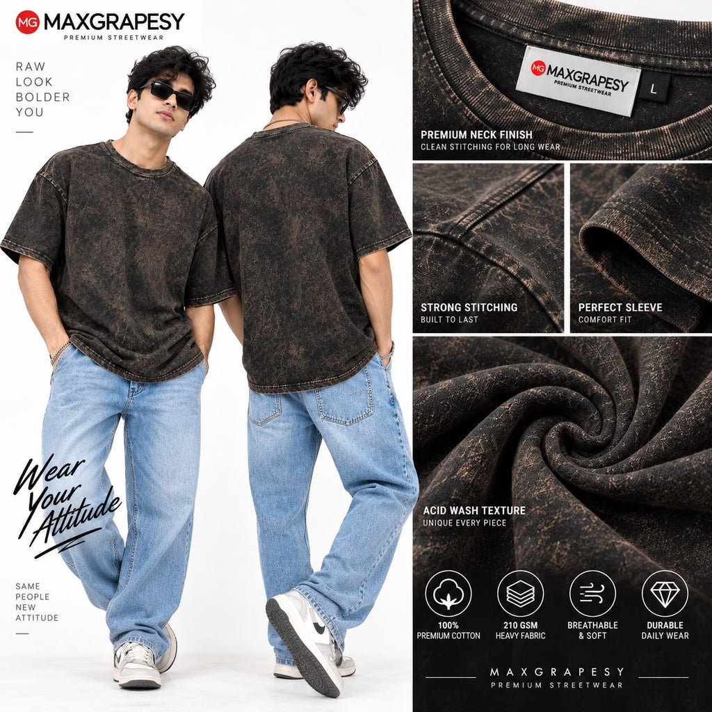 Maxgrapesy Acid Wash Oversized T-Shirt  For Unisex – Comfortable,Premium 100% Cotton, 210 GSM