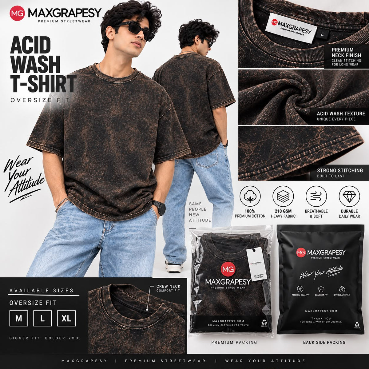 Maxgrapesy Acid Wash Oversized T-Shirt  For Unisex – Comfortable,Premium 100% Cotton, 210 GSM