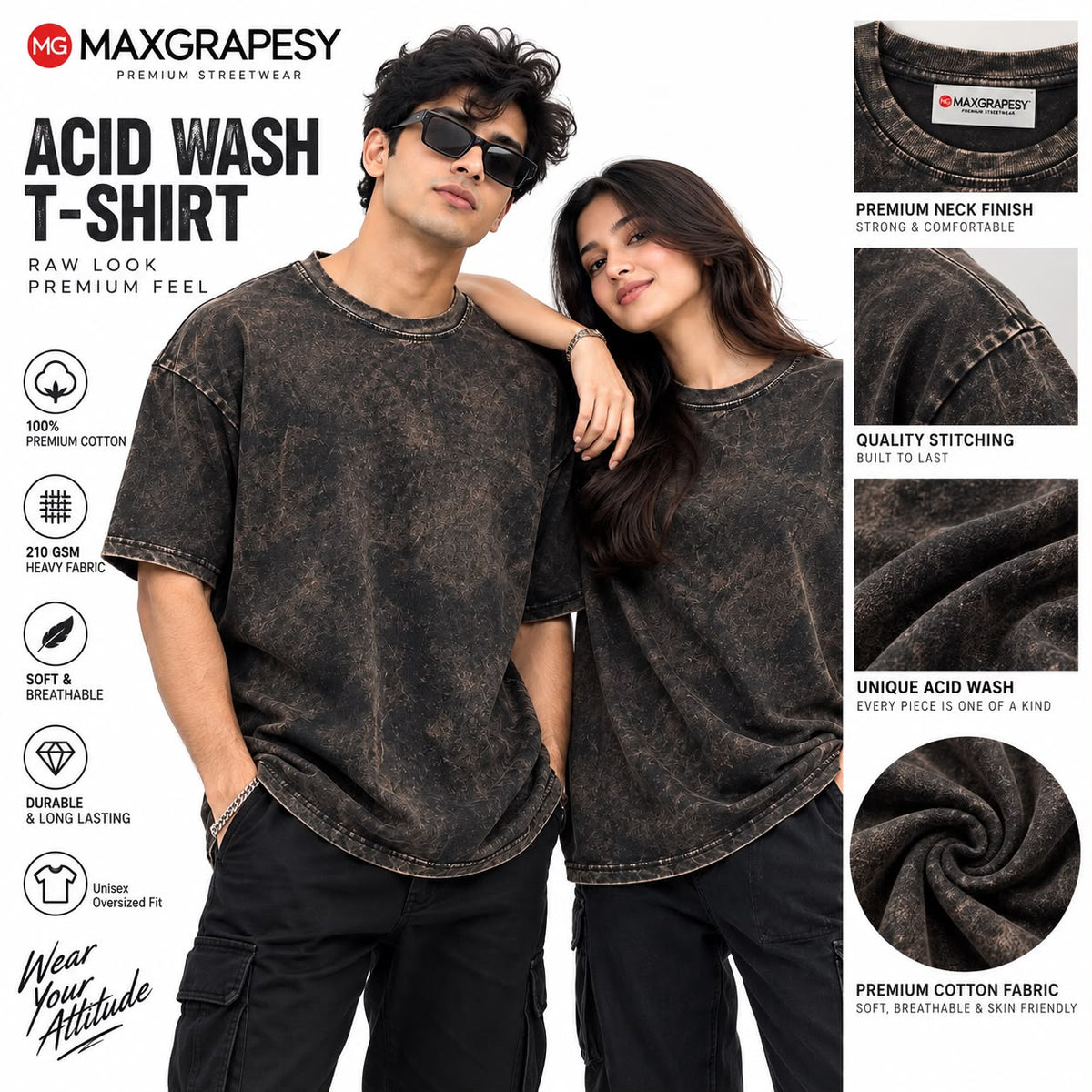Maxgrapesy Acid Wash Oversized T-Shirt  For Unisex – Comfortable,Premium 100% Cotton, 210 GSM