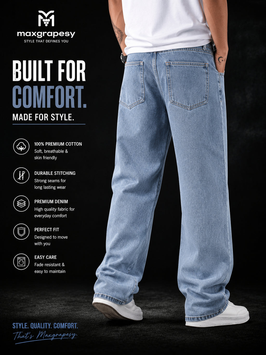 Men's Baggy Loose-Fit | Denim Jeans Pent | Sky Blue Denim Comfort | Maxgrapesy's Choice