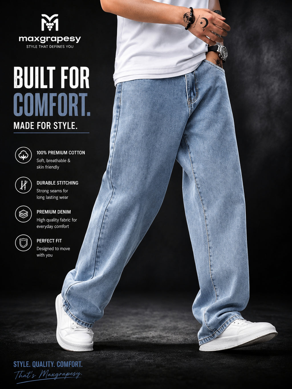Men's Baggy Loose-Fit | Denim Jeans Pent | Sky Blue Denim Comfort | Maxgrapesy's Choice