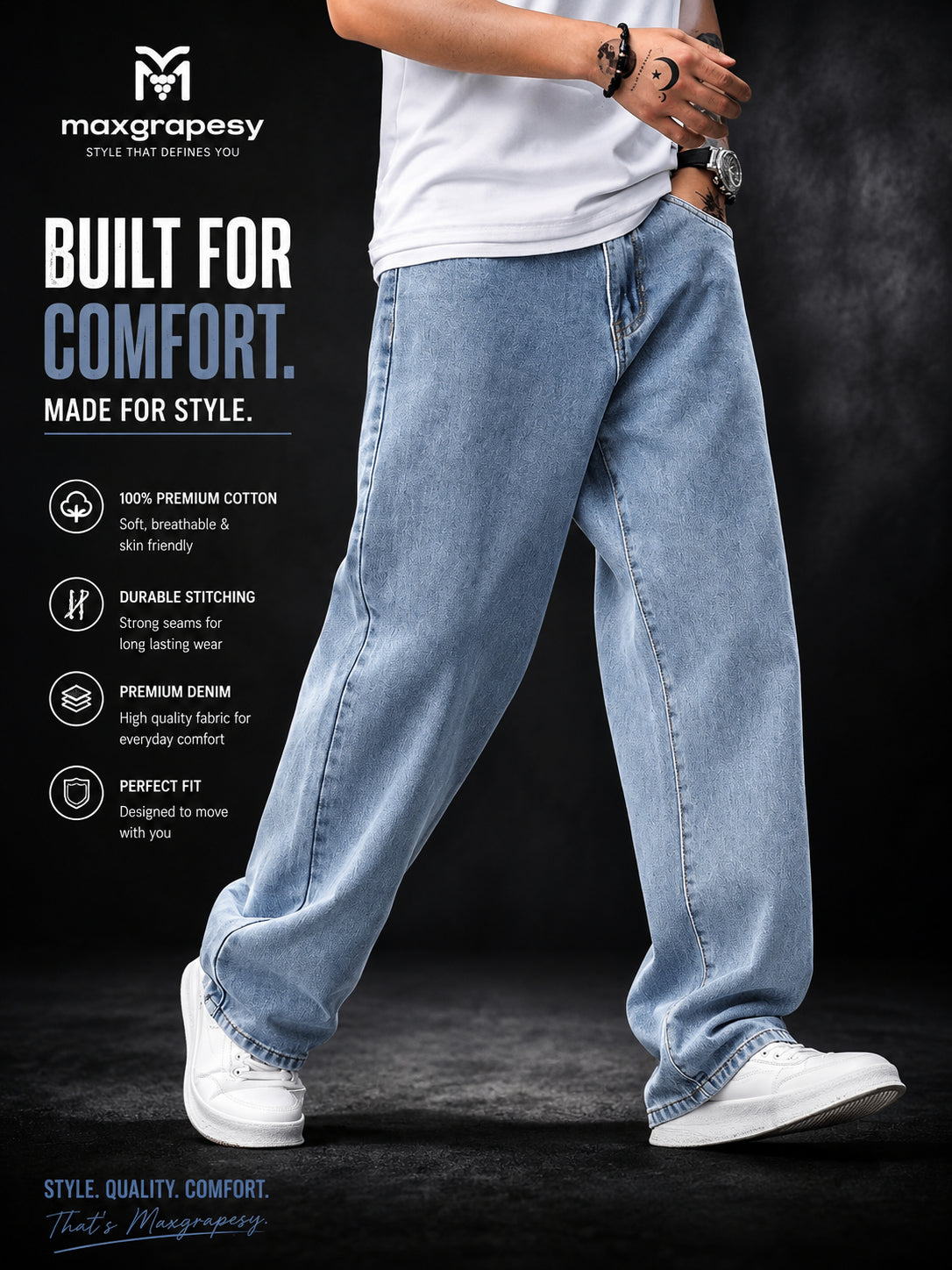 Men's Baggy Loose-Fit | Denim Jeans Pent | Sky Blue Denim Comfort | Maxgrapesy's Choice