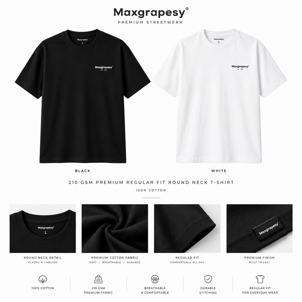 Maxgrapesy 210 GSM Premium Regular Fit Round Neck T-Shirt – 100% Cotton | 4 Colours