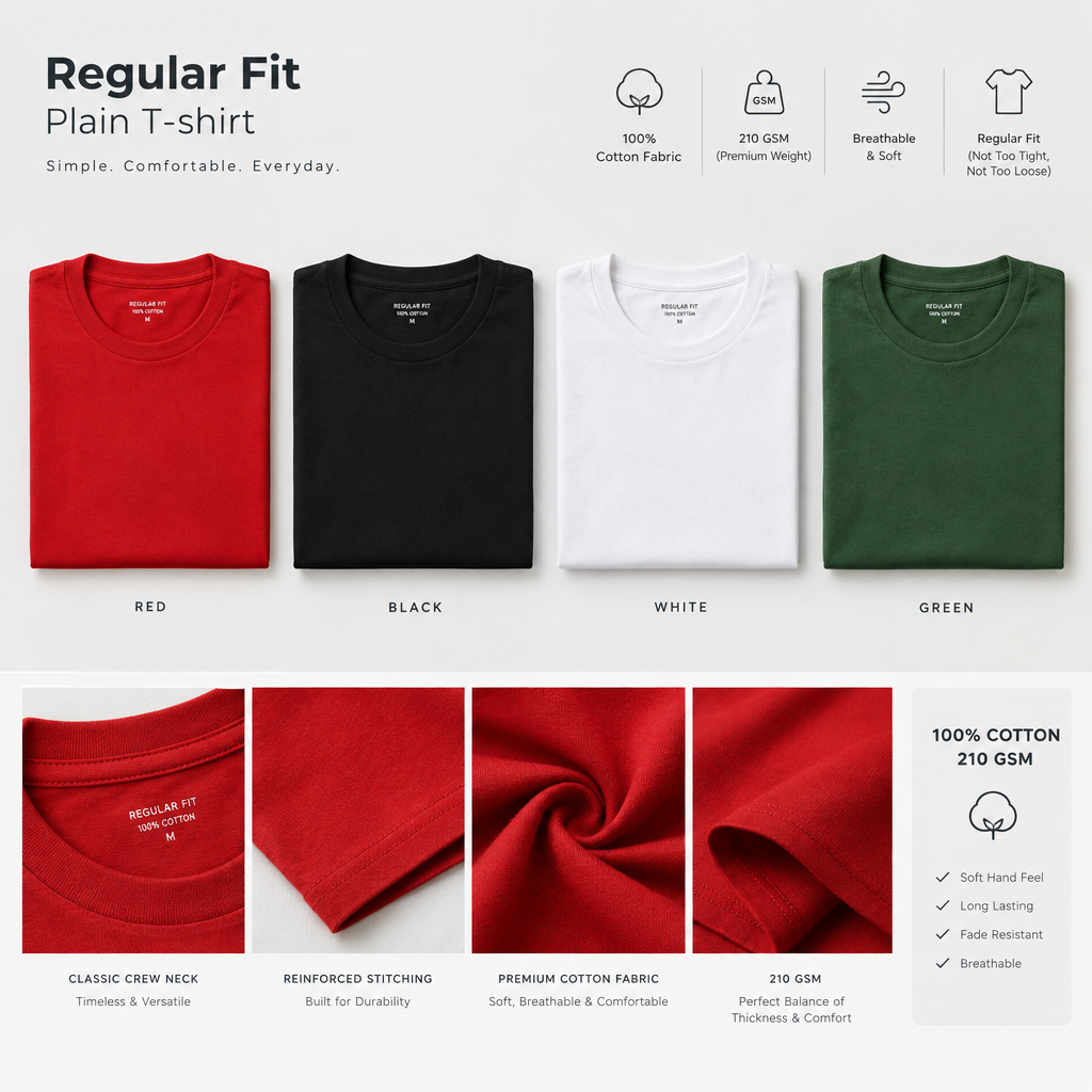 Regular Fit Plain Amazing Quality T-shirt | 100% Cotton Fabric 210 GSM T-shirt With Many Colours