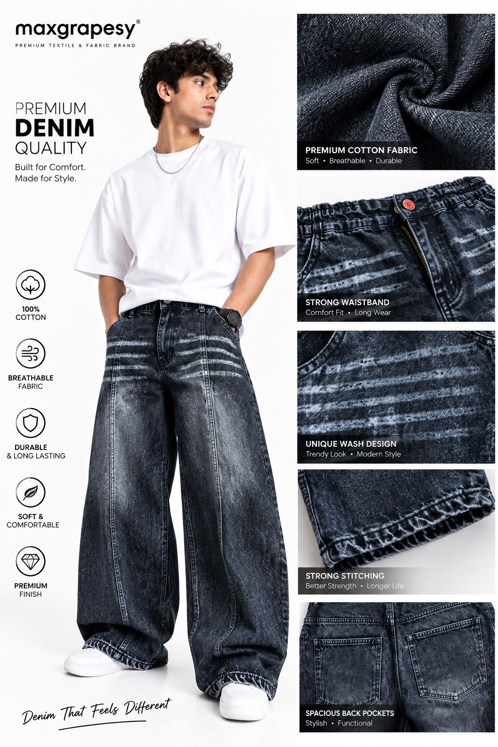 Maxgrapesy Premium Wide-Leg Baggy Jeans – Acid Wash Multicolour and Sizes Denim