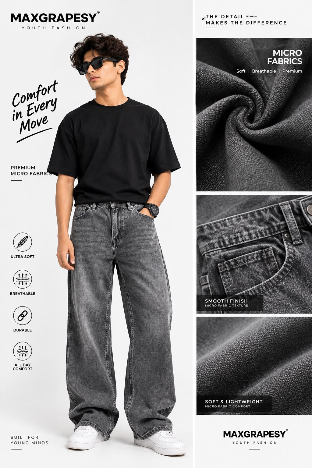 Maxgrapesy Urban Grey Wide-Leg Premium Unisex Denim Jeans